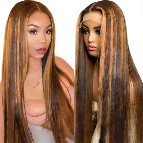 Highlight Lace Front Wig Human Hair 180% Density Ombre Straight Human Hair Wig Lace Front Pre Plucked 13×4 HD Honey Blonde Lace Front Wig Human Hair 4/27 Colored Straight Wigs For Black Women 20 inch