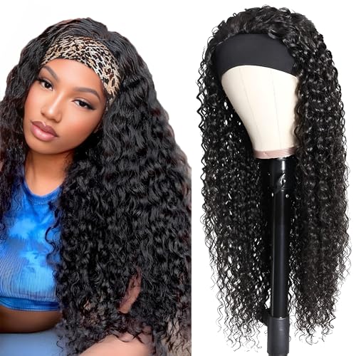 NICMISS Deep Wave Headband Wig Human Hair 16 Inch Curly Headband Wigs for Black Women Human Hair Glueless None Lace Front Wig Brazilian Virgin Hair Wear and Go Wigs 150% Density Natural Black Color