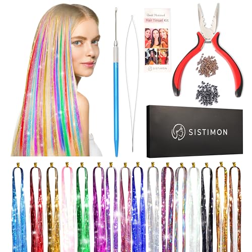 Fairy Hair Extensions Tinsel Kit Heat Resistant for Girls - Quick & Easy To Use, 16 Beautiful Colors, Super Long, Full Tools & Accessories (16 Colors)
