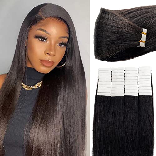Yaki Tape in Hair Extensions Human Hair for Black Women 100g 40pcs Natural Black Tape in Extensions Real Human Hair Light Yaki Straight Invisible Double Sided Glue in Tape 20 Inch
