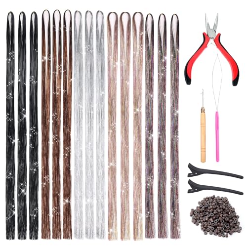Hair Tinsel Kit with Tools, 47 Inches 2550 Strands 5 Colors Heat Resistant Glitter Hair Extensions for Women and Girls, Sparkling Shiny Fairy Hair Tinsel Kit for Christmas Holiday Cosplay Party (006)