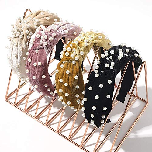 Ivyu Headbands Women Hair Head Bands - Accessories 4 Pcs Velvet Pearl Head Bands Cute Beauty Hairbands Fashion Girls Vintage Hair Boho Wide Bands For Workout GYM Yoga Running