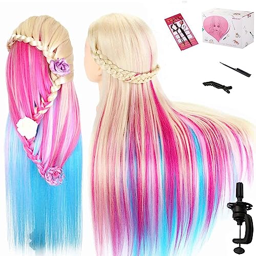 Beauty Star 29" Colorful Mannequin Head with 100% Syntheic Hair, Doll Head for Hair Styling and Braiding Practice, Professional Bride Cosmetology Training Manikin Head with Clamp Stand Updo Kit