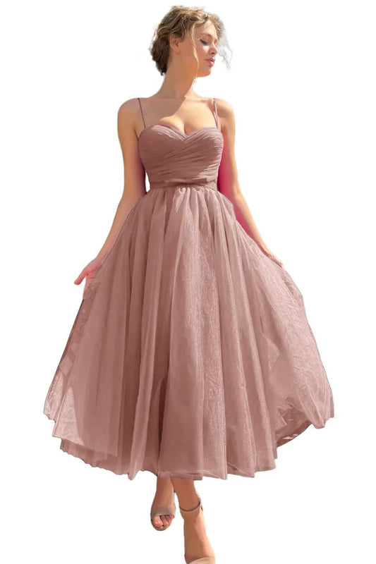 Sevintage Dusty Rose Tulle Prom Dress 2023 with Pockets Spaghetti Strap Sweetheart Teens Pleat Formal Party Evening Gowns Tea Length US6