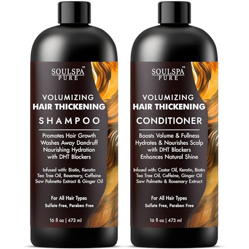 SOULSPA PURE Hair Thickening Shampoo and Conditioner Set - Volumizing & Growth Support with DHT Blockers, Biotin, Keratin, Tea Tree Oil, Caffeine, Saw Palmetto Extract - Men & Women - 16 fl oz Each