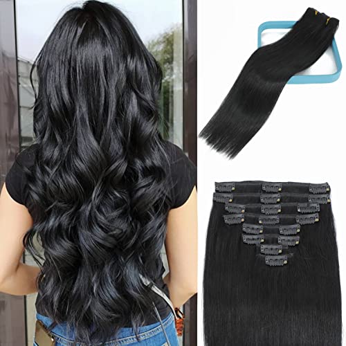 LORIEN Clip in Hair Extensions Real Human Hair 100g Clip in 100% Human Hair Extensions 8pcs Per Set with 18Clips Double Weft (18 Inch, 1 Jet Black Color)