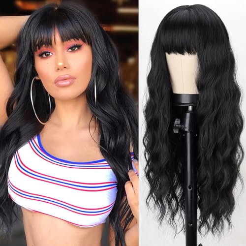 MERISIHAIR Long Black Wig with Bangs,26 Inches Synthetic Wavy Bang Black Wigs for Women, Women Long Curly Heat Resistant Black Hair Wig,Cosplay Selena Black Wig