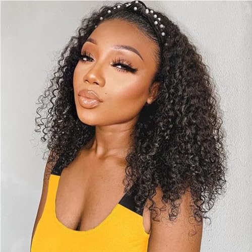 Punmasa Headband Wig Curly Deep Wave 16 Inches 100% Human Hair,Headband wigs for women Glueless None Lace Front Wigs Machine Made 150% Density headband wig human hair with Headbands...(16 Inches)
