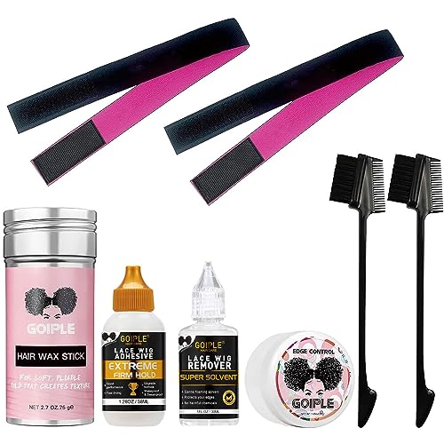 Wig Glue 1.34OZ, Waterproof Lace Front Wig Glue for Wigs with Tools and Hair Wax Stick (Wig Glue/Wig Glue Remover/Hair Wax Stick/Edge Control Wax/Pink Elastic Bands*2/Hair Dual Drush*2)