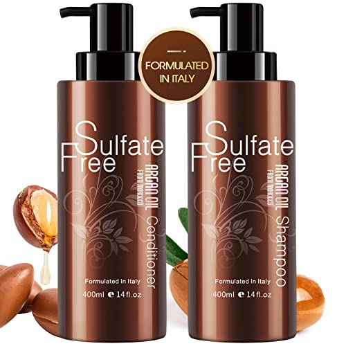 Natural Organic Sulfate Free Moroccan Argan Oil Shampoo and Conditioner Set - Color Safe Treatment, UV Protection, Intense Moisturizing For Dry, Damaged, Frizzy, Volumizing for Thin Hair 14 Ounce