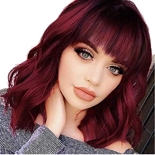Red Burgundy Short Wavy Wigs with Bangs for Women, Wine Red Curly Shoulder Length, Bob Wigs for Women, Heat Resistant Fiber Natural Wigs for Daily Using