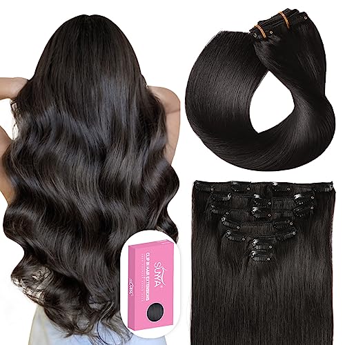 SUYYA 16 Inch 120g 7pcs Clip in Hair Extensions, Straight Double Weft Natural Black (16 inches #1B Off Black)