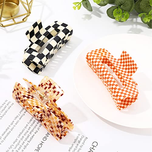 Whaline Checkered Hair Claw Clips Large Vintage Styling Thick Hair Claw Clips 4 Inch Retro Rectangular Cute Hair Clips Non-slip Strong Hold Banana Long Hair Claw Clips for Women Girls, 3Pcs
