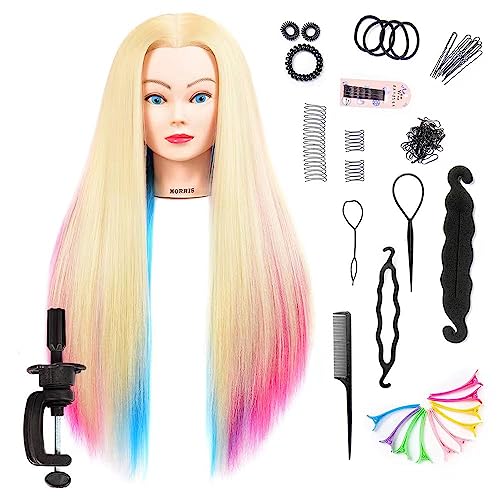 Mannequin Head with Long Synthetic Fiber Colorful Hair Styling Training Head 26-28inch Manikin Cosmetology Doll Head Hairdressing Training Model for Cutting Braiding Practice and Free Clamp Holder