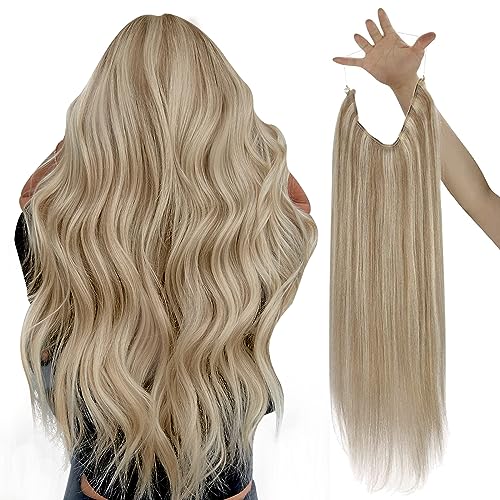 Sunny Blonde Hair Extensions 18 Inch Wire Hair Extensions Ash Blonde Highlights Light Blonde Secret Hair Extensions Invisible Human Hair Extensions Fish Line Hair Extensions 80G