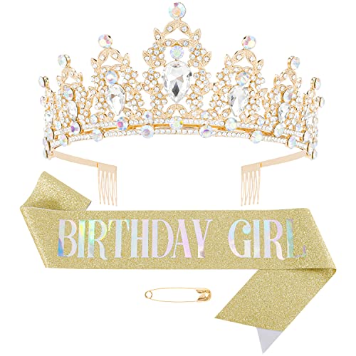Gold Birthday Girl Sash & Crystal Crown Set, Didder Birthday Crown Birthday Tiara for Women Birthday Crowns for Women Girls Birthday Sash and Tiara for Women Happy Birthday Gift