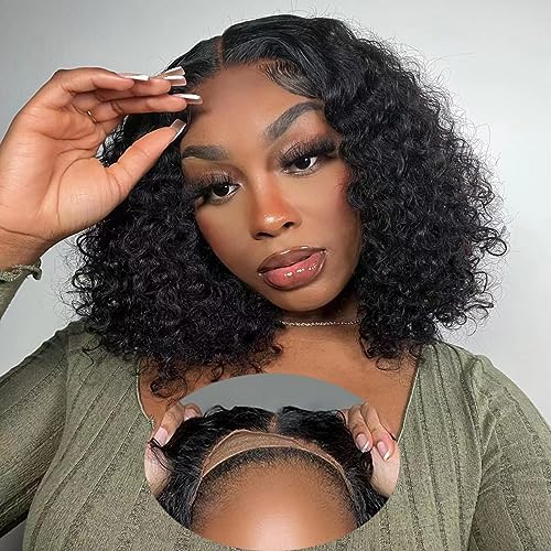 Ainmeys 12 Inch Wear and Go Glueless Wigs Human Hair 4x4 Lace Closure Pre Plucked Curly Wave Lace Front Wigs Human Hair Pre Cut Short Bob Wig For Black Women With Elastic Band Pre Plucked (12inch)