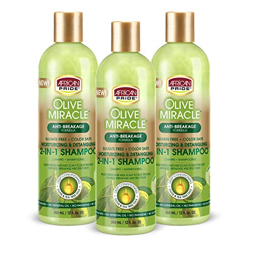African Pride Olive Miracle Shampoo & Conditioner 2 in1 Formula (3 Pack) enriched with tea tree and olive oil to moisturize and protect hair and scalp, 12oz.