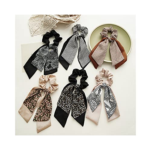 Short Hair Scarf Scrunchies Ties Elegant Satin Bow Scrunchie Flower Floral Hair Ribbon Silk Chiffon Bowknot Knotted Hair Scrunchies Bands Elastic for Women Holiday Scrunchy Pack Black/Beige (6pcs Short Hair Scarf Scrunchies)