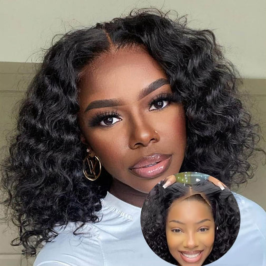 MAWIPOV Wear and Go Glueless Wigs Bob Wig Human Hair Pre Plucked Deep Wave Lace Front Wigs Human Hair for Beginners Upgraded No Glue Pre Cut 4x4 Lace Closure Glueless Wigs for Black Women (12 inch)