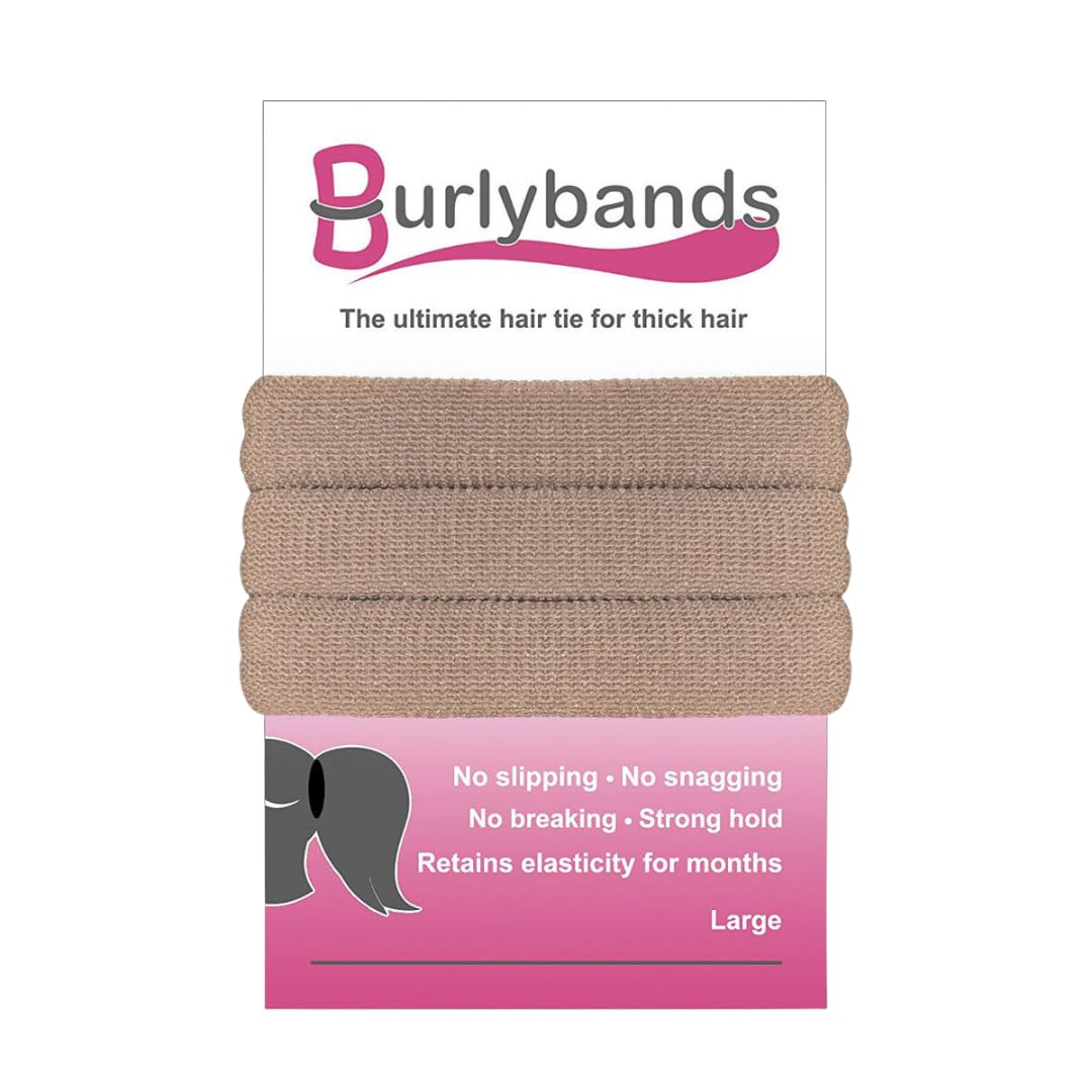 Burlybands Large Hair Ties for Thick Heavy or Curly Hair. No Slip No Damage Seamless Ponytail Holders Scrunchies Sports Thick Hair Ties - Hair Bands - Curly Hair Accessories (Lt Brown 3 Pcs)