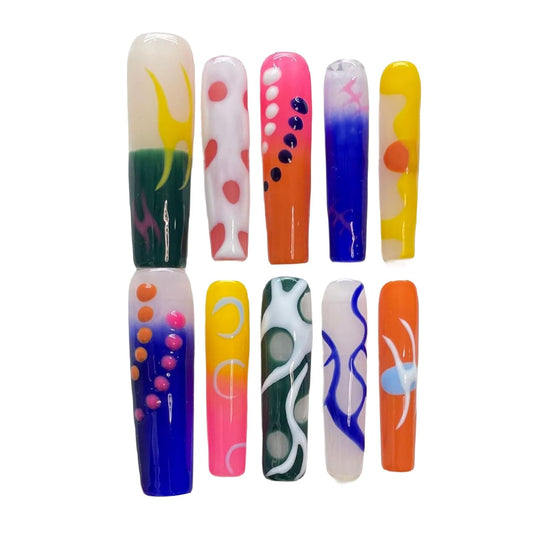10 Pcs Extra Long Colorful Handmade Press on Nails for Women Girls,Square Curved Aesthetic Dot Flame Gel Fake Nails,Fashion Coquette Flase Nails,Designer 3D Hand-painted Nails,S