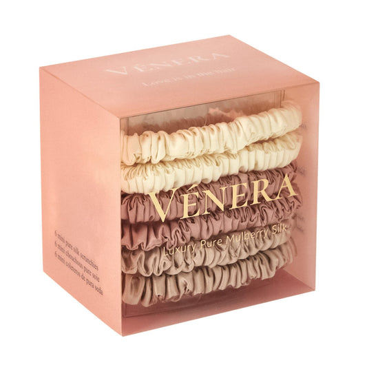 VÉNERA Silk Scrunchies - 100% Pure 22 Momme Mulberry Silk Hair Ties (Pink-Cream-Caramel)