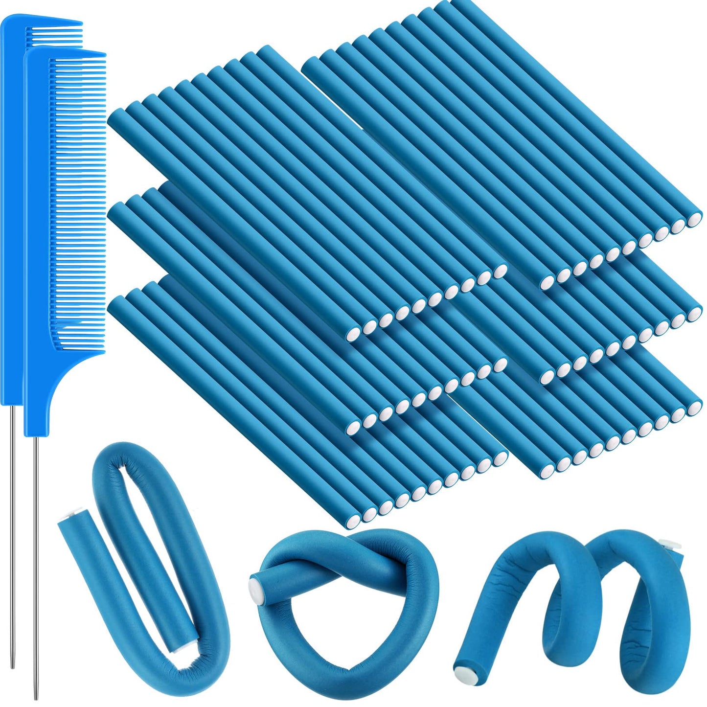 60 Pieces Flexi Rods Flexible Curling Rods Hair Curlers Rollers Twist Flexi Rods Hair Curlers Set No Heat Hair Rods Rollers Flexible Rods for Long Short Hair Women Girls (Blue, 0.5 x 9.5 Inch)
