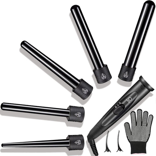 5-in-1 Curling Wand Set - Curling Iron Interchangeable Ceramic Barrels (0.35-1.25 Inch) - Fast Heating Hair Curler Kit with Protective Glove & 2 Clips - Ceramic Coated for Damage-Free Styling.
