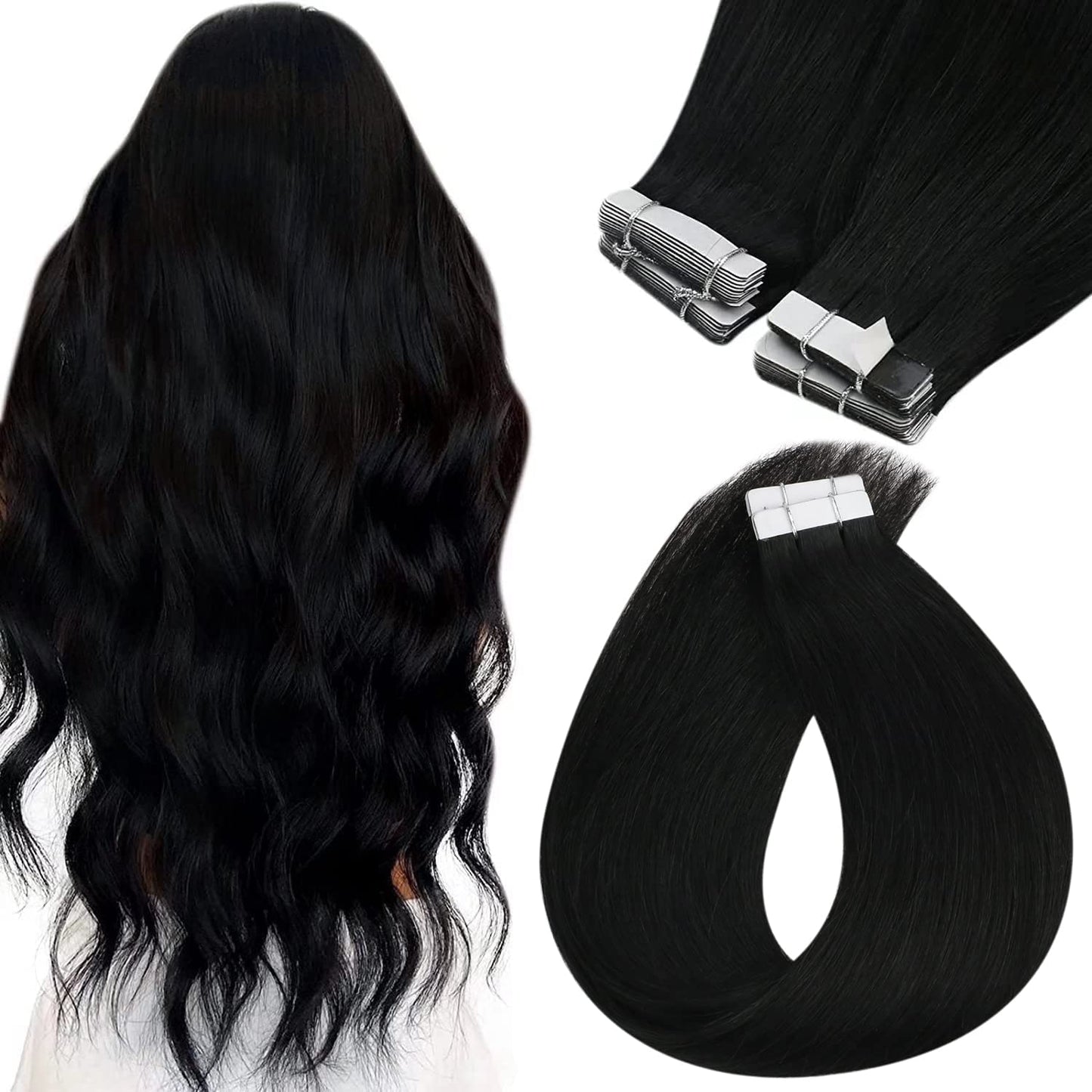 Sunny Black Tape in Hair Extensions Invisible Tape in Hair Extensions Human Hair Jet Black Tape ins Human Hair Black Hair Extensions Real Human Hair 50g 20pcs 24inch