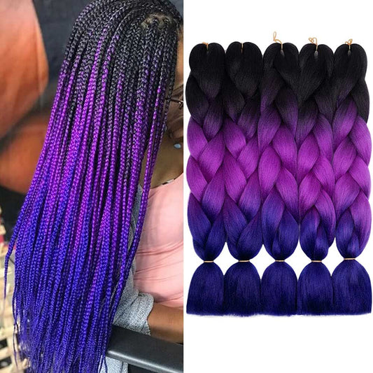 AIDUSA Ombre Braiding Hair Puprle Braiding Hair Extensions 5pcs Synthetic 24 Inch 3 Tone Jumbo Braiding Hair Black to Purple Crochet Braiding Hair 100g (#49 Black to Purple)