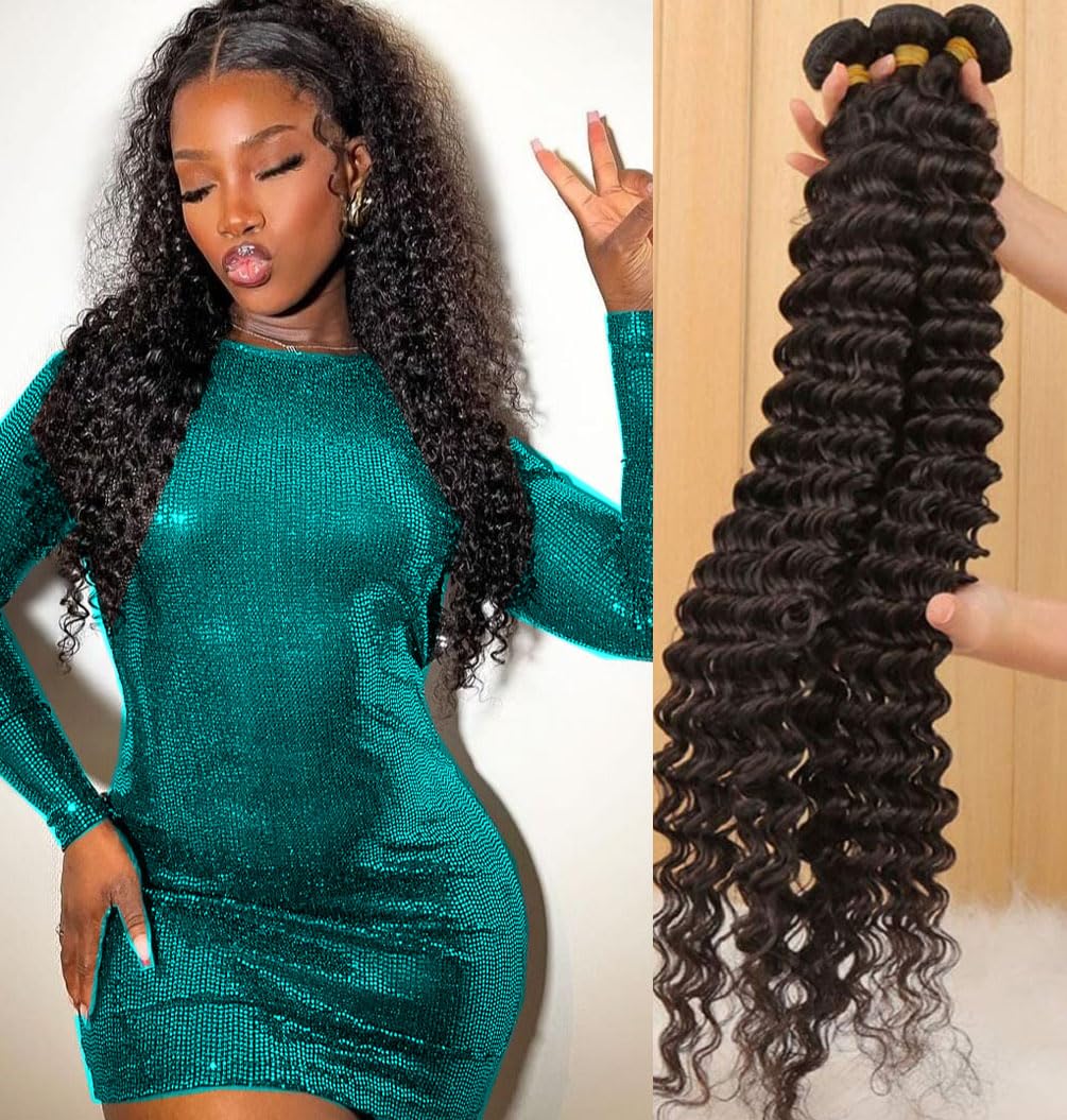 Brazilian Deep Wave Human Hair Bundles(18 20 22) 9A 100% Unprocessed Virgin Remy Hair Deep Curly Human Hair Weave 3 Bundles Extensions for Black Women Natural Color