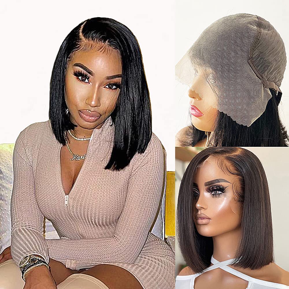 Karlami Hair 12 Inch 13X6 Bob Wig Human Hair Frontal Lace Wig Glueless Wig 150% Density Straight Short Bob Wigs for Black Women Deep Side Part Bob Wig Transparent Lace Wig