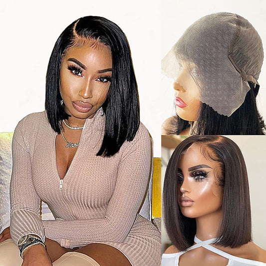 Karlami Hair 12 Inch 13X6 Bob Wig Human Hair Frontal Lace Wig Glueless Wig 150% Density Straight Short Bob Wigs for Black Women Deep Side Part Bob Wig Transparent Lace Wig