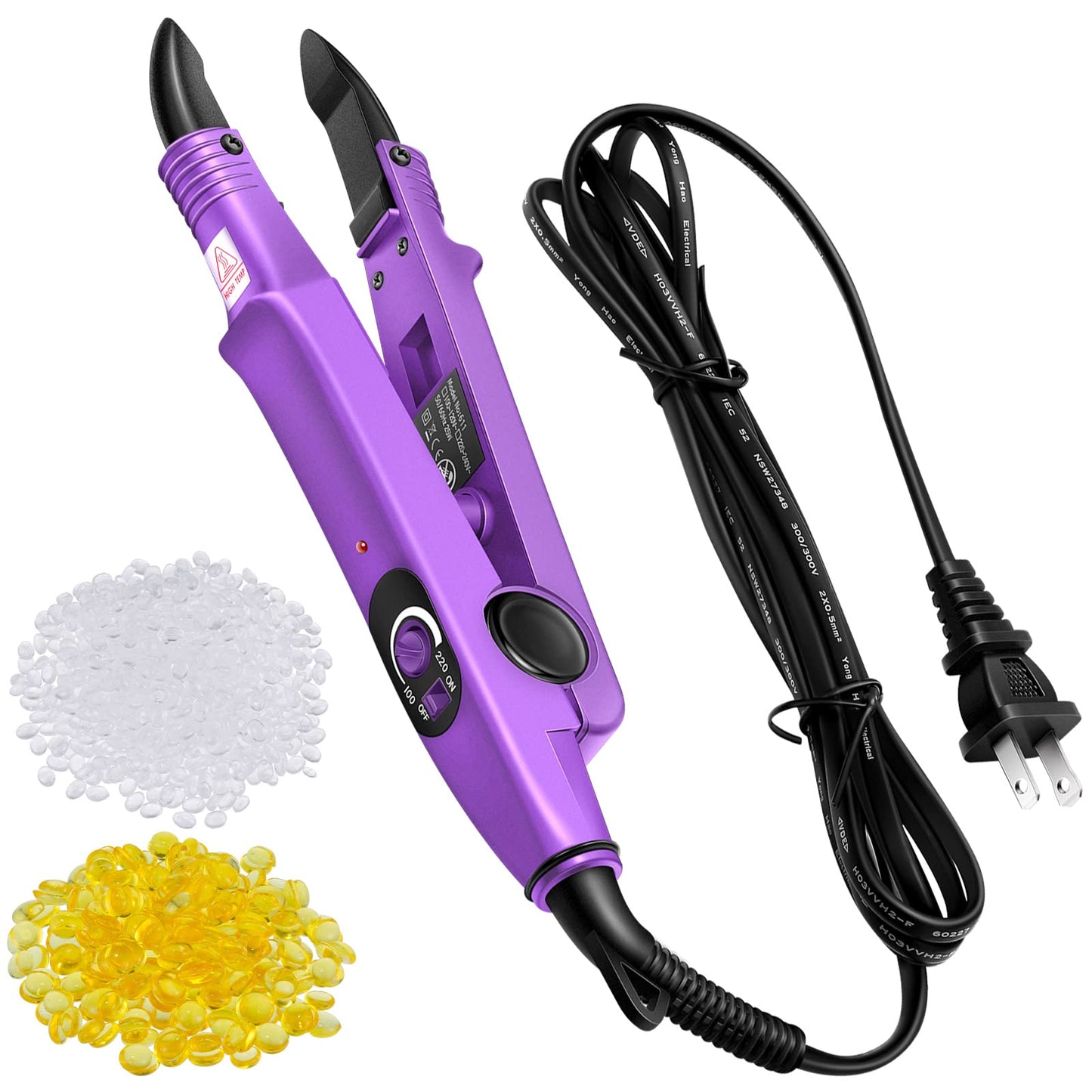 Fusion Hair Extensions Tool US Plug Professional Hair Extensions Tools Fusion Heat Iron Connector Wand U Tip Hair Extensions with 2 Bags Keratin Glue Granule Beads for Hair Extensions, C Head (Purple)
