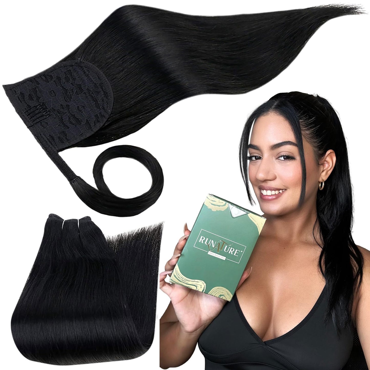 RUNATURE Ponytail Human Hair Extensions 16 Inch 80g Straight Ponytail Hair Extensions for Black Women Real Hair Ponytail Extension Remy Wrap Around Pony Tails Extension Human Hair with Magic Paste