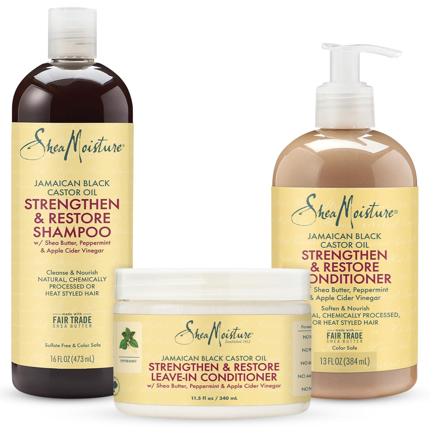 Shea Moisture Curly Hair Product Bundle Shampoo 16 Fl Oz, Conditioner 13 Fl Oz, Leave in Conditioner 11.5 Oz, Jamaican Black Castor Oil for Healthy Hair Growth, Strengthen & Restore, Sulfate Free