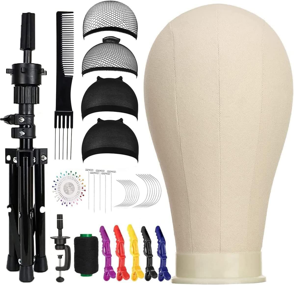SZCY LLC 23 Inch Canvas Block Wig Head, Wig Stand Tripod with Head, Mannequin Head for Wigs, Manikin Head Block for Wigs Making Display with Wig Caps, T Pins C Bristle Brush