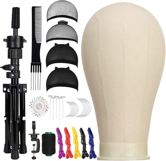 SZCY LLC 23 Inch Canvas Block Wig Head, Wig Stand Tripod with Head, Mannequin Head for Wigs, Manikin Head Block for Wigs Making Display with Wig Caps, T Pins C Bristle Brush