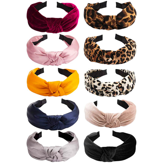 Ondder 10 Pack Headbands for Women Fashion Knotted Headband Wide Womens Cheetah Turban Velvet Non Slip Leopard Print Head Band Bands Hair Accessories Girls