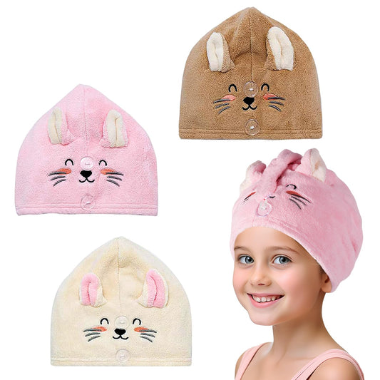 MADHOLLY Microfiber Hair Towel for Kids- Soft Super Absorbent Rapid Drying Hair Towel Wrap Turban for Girls Women with 2 Buttons- Anti-Frizz for Thicker Curly Long Hair, 3Pack, Kitty
