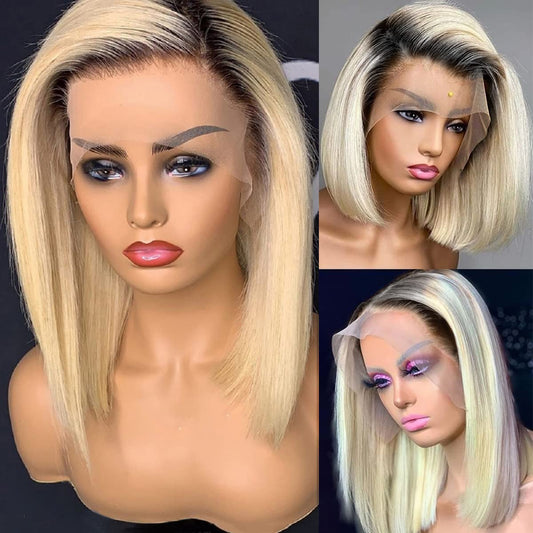 Ombre Blonde Human Hair Bob Lace Front Wigs Brazilian HD Transparent Glueless Lace Frontal Wig 2 Tone 1B/613 Straight Remy Hair for Black Women Pre Plucked 13x4 HD Lace Wigs Bleached Knots 12"
