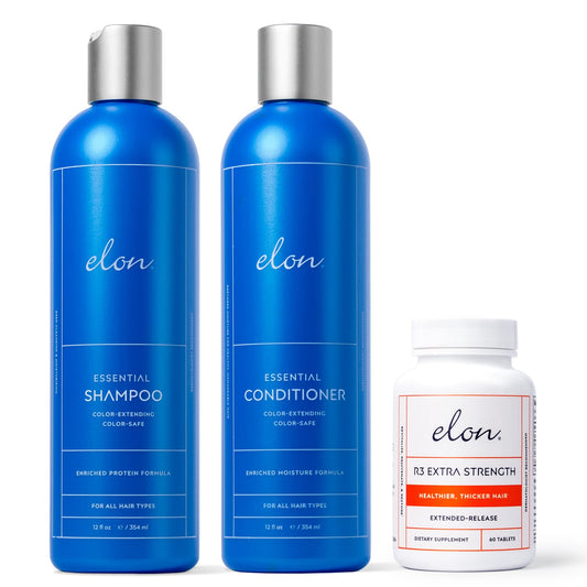 Elon Complete Hair Care Kit for Thinning Hair – Moisture Therapy Shampoo & Conditioner Set + R3 Extra Strength Hair Growth Supplement -Suitable for All Hair Types – NO Sulfates, Parabens or Phthalates
