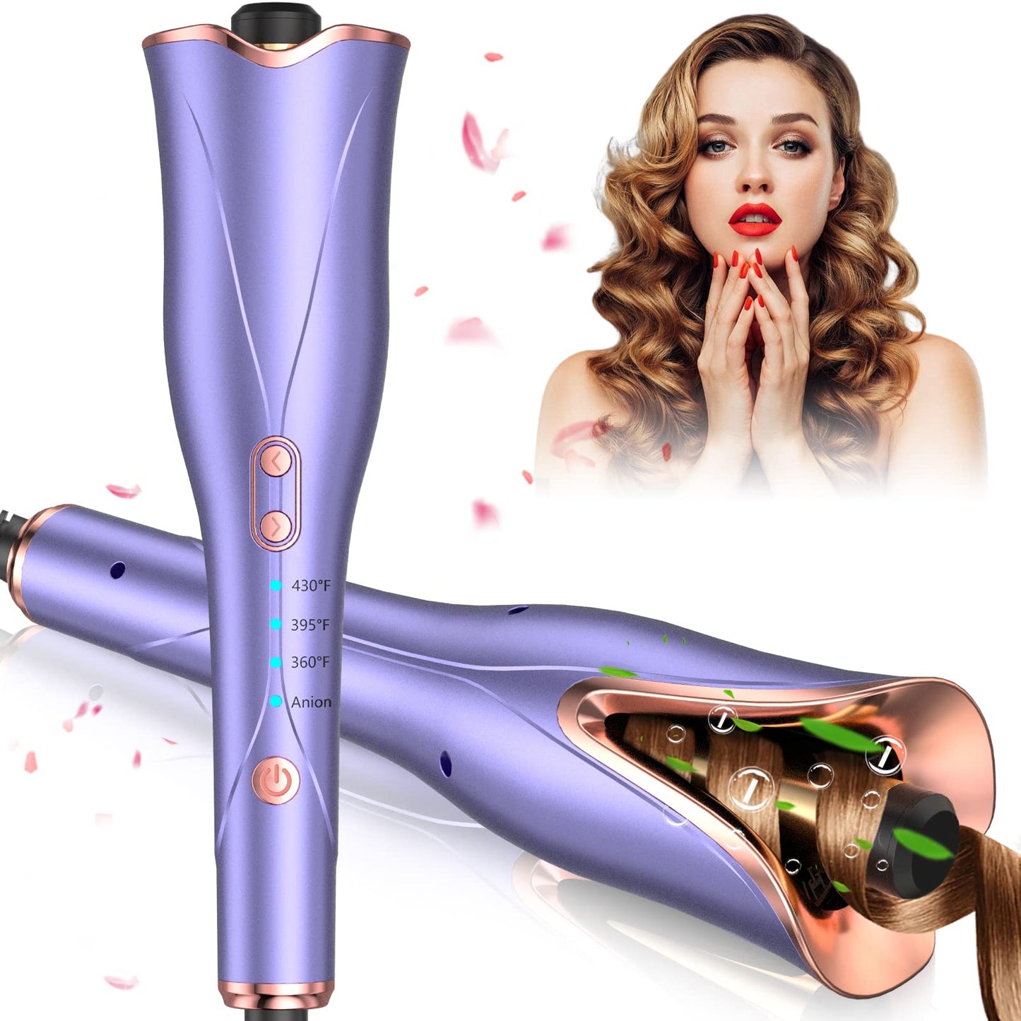 Automatic Curling Iron, Hair Curler Wand with 4 Temp Up to 430℉& Timer & Dual Voltage, 1" Larger Barrel Rotating Curling Iron Fast Heating, Anti-Scald, Auto Shut-Off Spin Iron for Lasting Styling