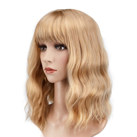 AGPTEK Wig, Synthetic Wig for Women Wavy, Colored Realistic Wig with Bangs, Great for Party, Cosplay, Daily-Use and Festivals (Blonde 12inch)