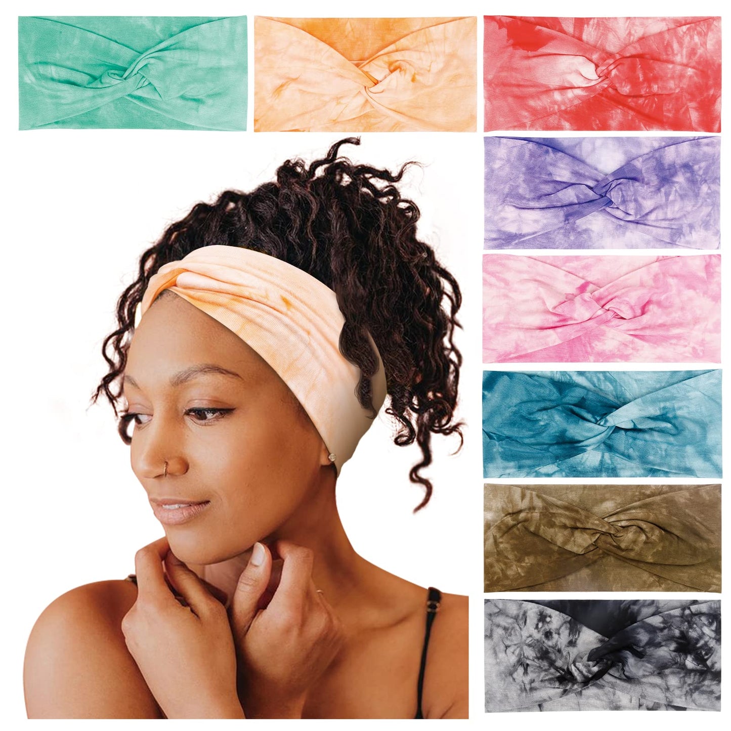 Tobeffect Turban Headbands for Women, 8 Pack Tie Dye Hairbands Fashion Twisted Knot Headwarps Boho Stretchy Turbans Wide Hair Accessories