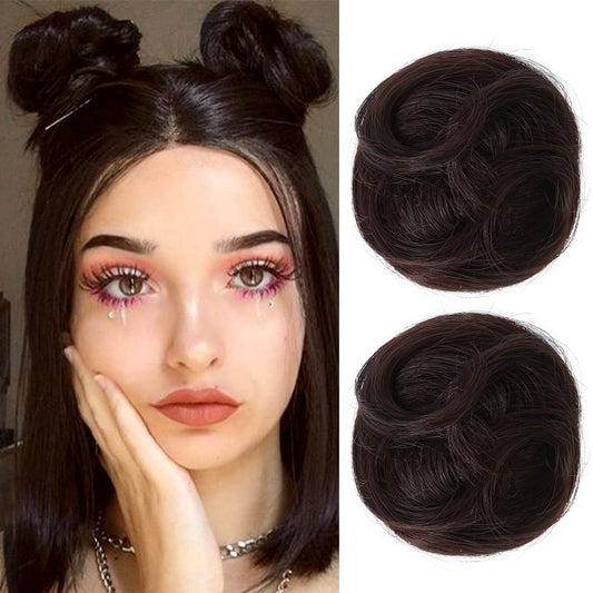 REECHO 2 PCS Mini Claw Clip in Messy & Cat Ears Hair Bun Extensions HB001 Wig Accessory Updo Hairpieces for Women Girls (Pack of 2-3.5" Wavy, Dark Brown)