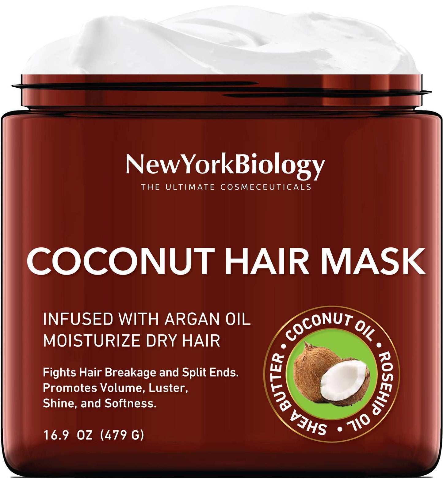 New York Biology Coconut Hair Mask for Hair Growth and Volume - Infused with Argan Oil - Moisturizing and Deep Conditioning for Dry Damaged Hair - Fights Breakages and Split Ends - 16.9