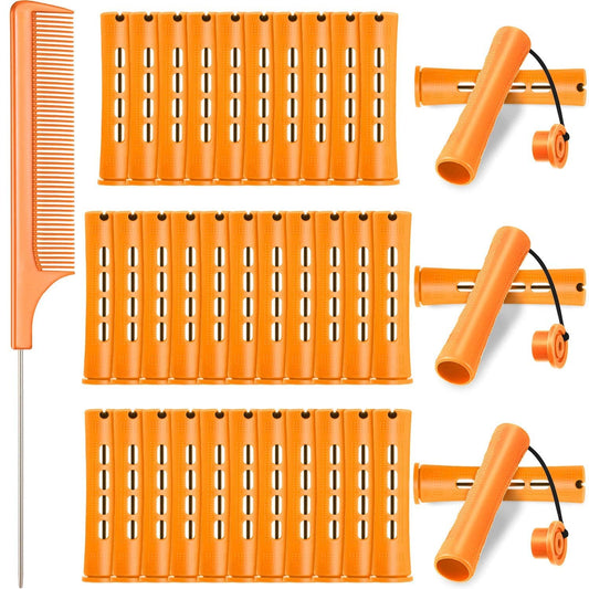 36 Pieces Cold Wave Rod Hair Perm Rods Hair Rollers Perming Rods Curlers with Steel Rat Tail Comb for Hairdressing Styling (Orange, 0.87 Inch)