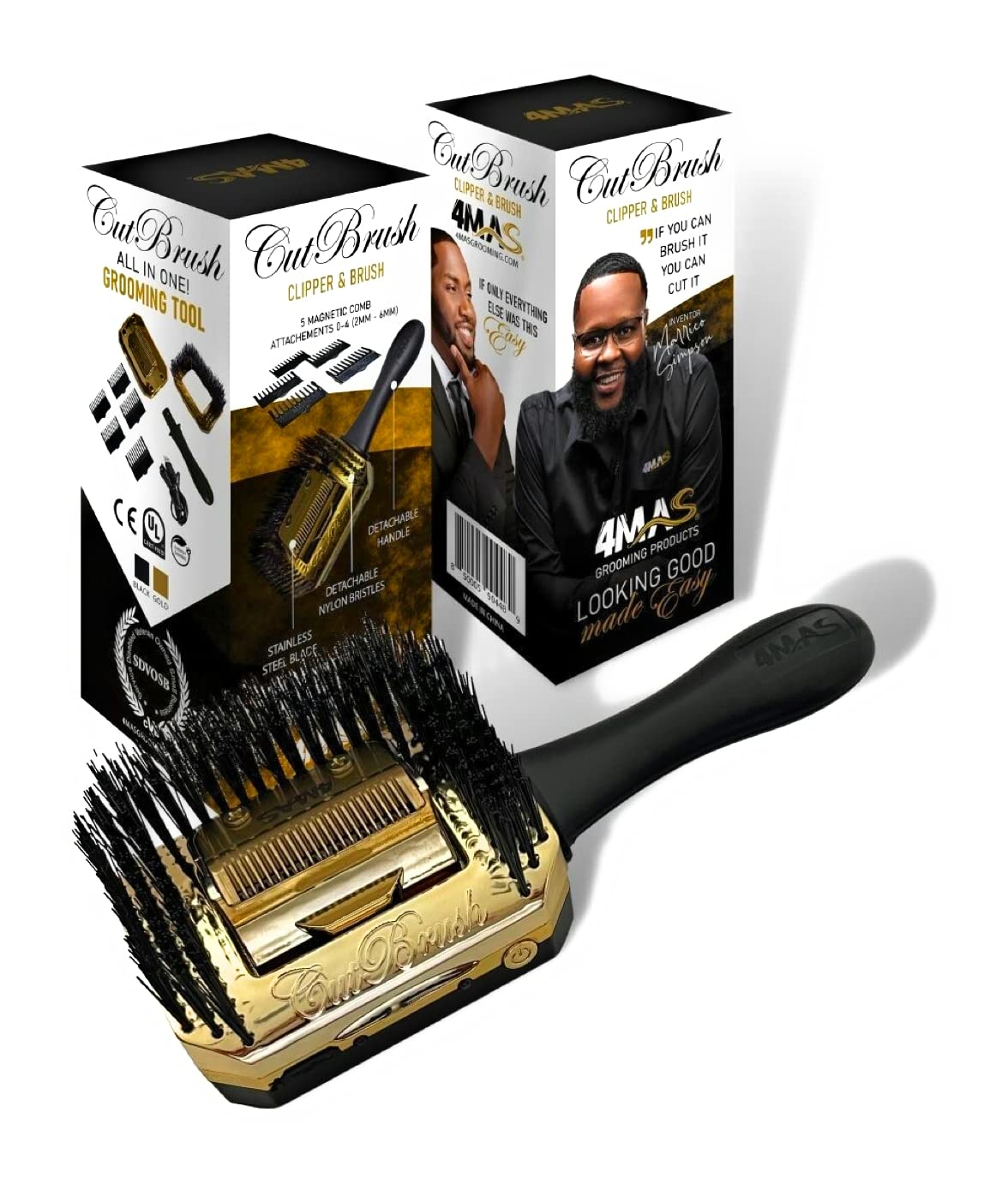 4MAS Self-Grooming Hair and Beard Cutting Hairbrush, (CutBrush Black and Gold Mod 3) 5 Comb Attachments and Charging Cable Included